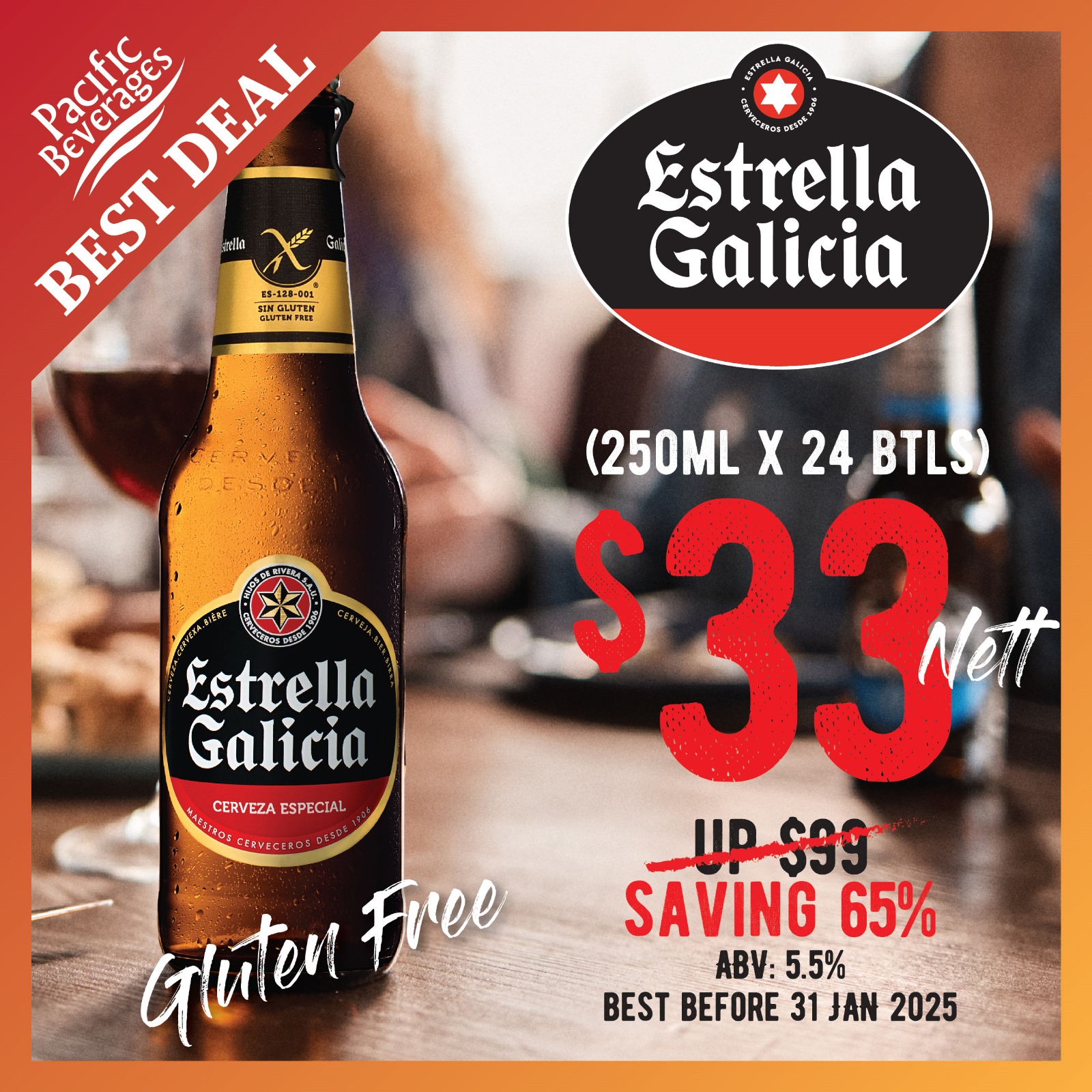 B03. ESTRELLA GALICIA GLUTEN FREE (250ML X 24 BTLS) ABV5.5 Best Before