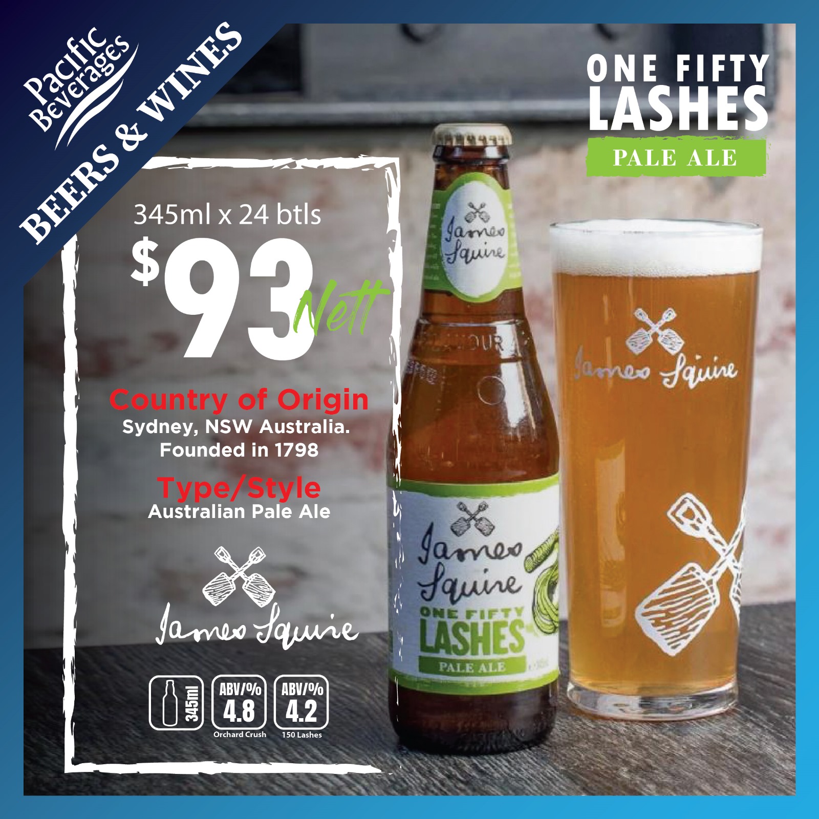 BW13. James Squire (345ML X 24 BTLS) Pacific Beverages Premium Beer